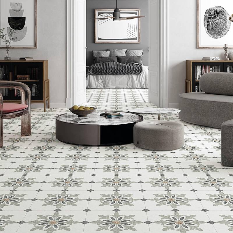 Merola Tile Riviera Octagon Verde with Taco Nero 7-7/8" x 7-7/8" Porcelain Floor and Wall Tile - Case (50 Tiles)