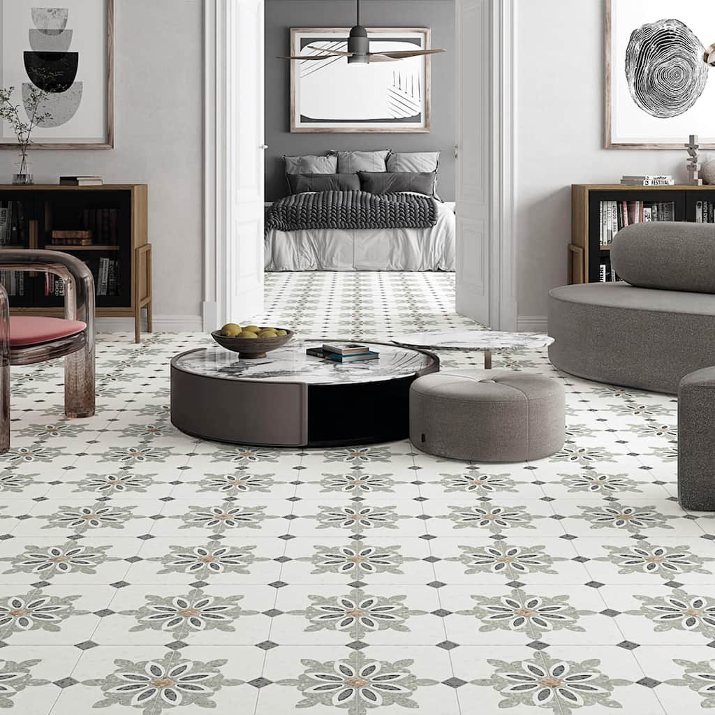 Merola Tile Riviera Octagon Verde with Taco Nero 7-7/8" x 7-7/8" Porcelain Floor and Wall Tile