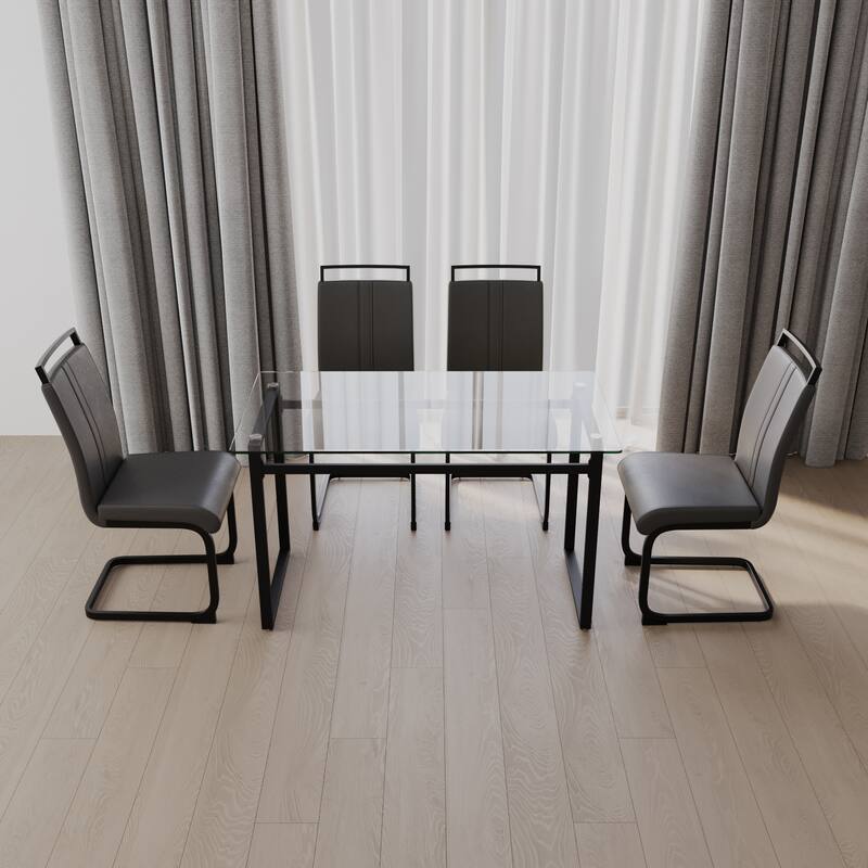Glass 5-Piece Dining Table Set with 4 PU Upholstered Chairs
