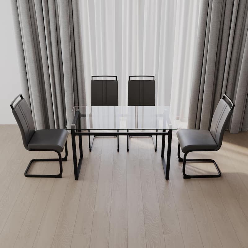Modern 5-Piece Dining Set with Rectangular Glass Table & High Back Metal C-shaped Tube Chairs