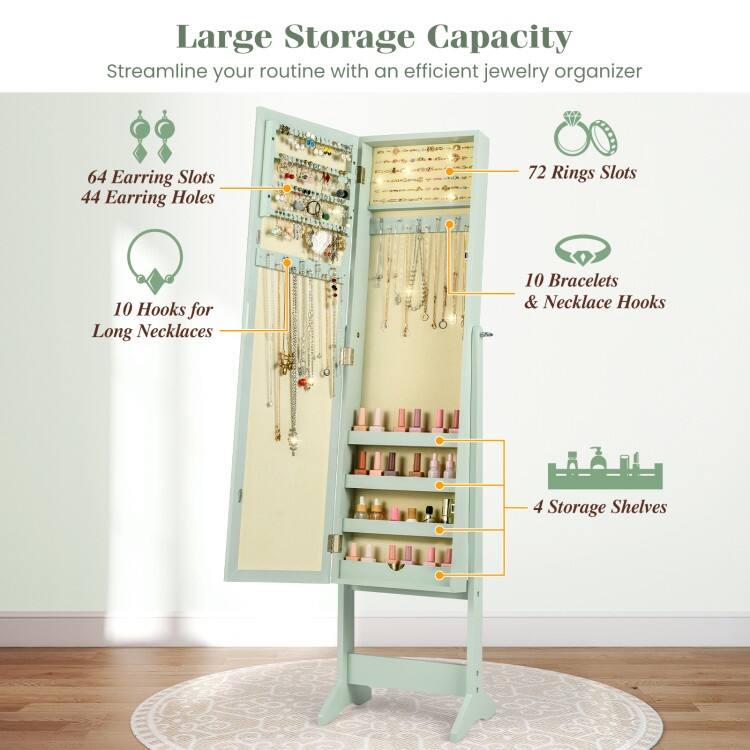 Mirrored Standing Jewelry Cabinet Storage Box - 13" x 14.5" x 56" (L x W x H)
