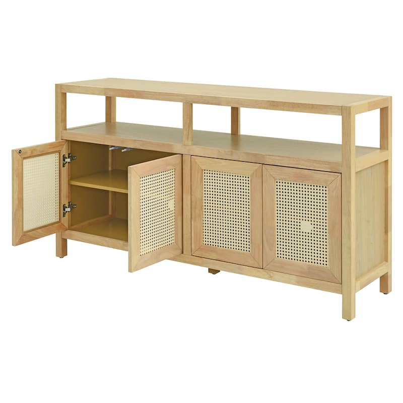 Bohemian Style Rattan Buffet Storage Cabinet with 3-Position Adjustable Shelves and Solid Wood Frame, for Dining Room