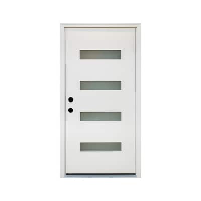 36 x 80 Fiberglass Entry Door, 4-Lite Frosted Glass - Contemporary Style for Home's Front Entrance, Right Hand Inswing - White