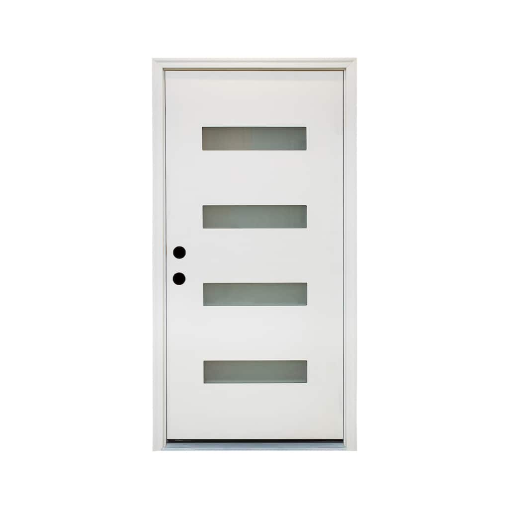 36 x 80 Fiberglass Entry Door, 4-Lite Frosted Glass - Contemporary Style for Home's Front Entrance, Right Hand Inswing - White