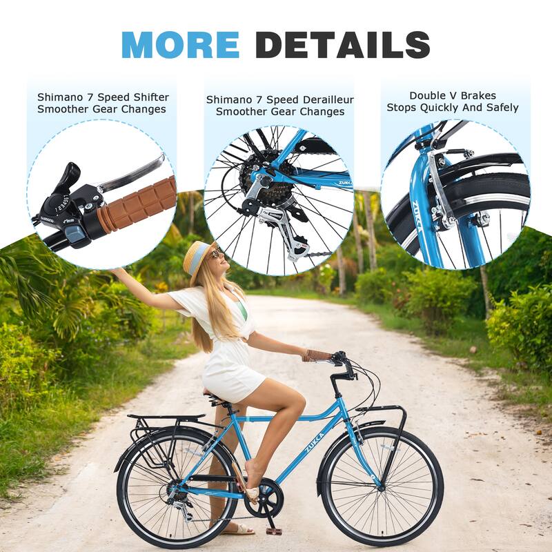 26-Inch Vintage Style Bike with Steel Frame, Shimano 7-Speed, Double V Brakes, and Retro Design for Adults