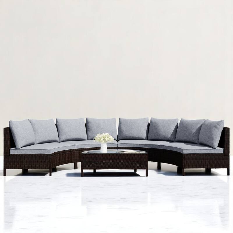 5-Piece PE Rattan Wicker Outdoor Sofa Set with Cushions, Pillows,and Tempered Glass Table-Outdoor Patio Sectional Furniture Set - Gray