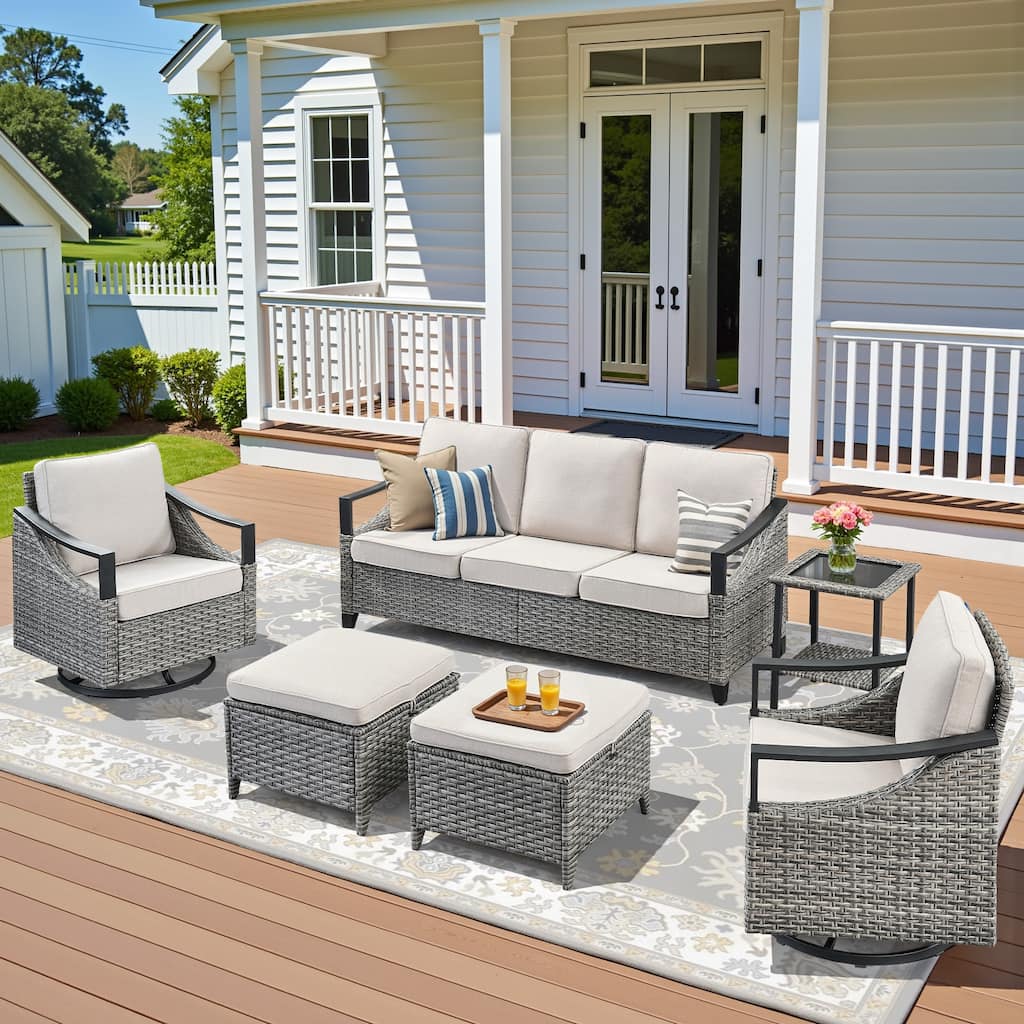 Pocassy 5-Piece Patio Sofa Swivel Glider Chairs Table with Ottoman