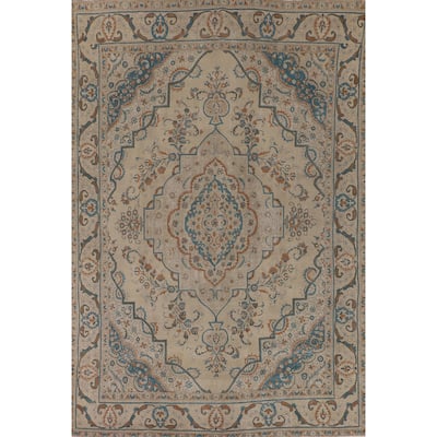 Distressed Tabriz Persian Vintage Area Rug Handmade Wool Carpet - 9'2" x 12'10"