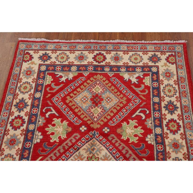 Red Geometric Kazak Foyer Rug Handmade Wool Carpet - 3'4"x 5'0"