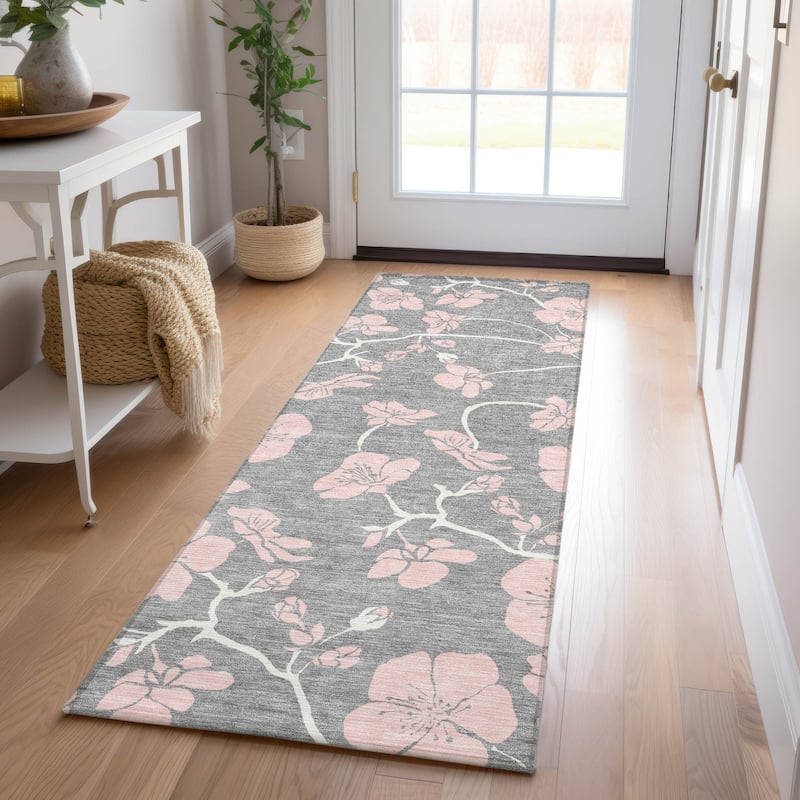 Machine Washable Indoor/ Outdoor Floral Zen Chantille Rug - Gray - 2'3" x 7'6"
