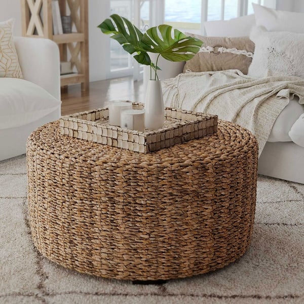 slide 2 of 15, Hand-Woven Natural Abaca Wood Round Coffee Table Ottoman by East at Main Large