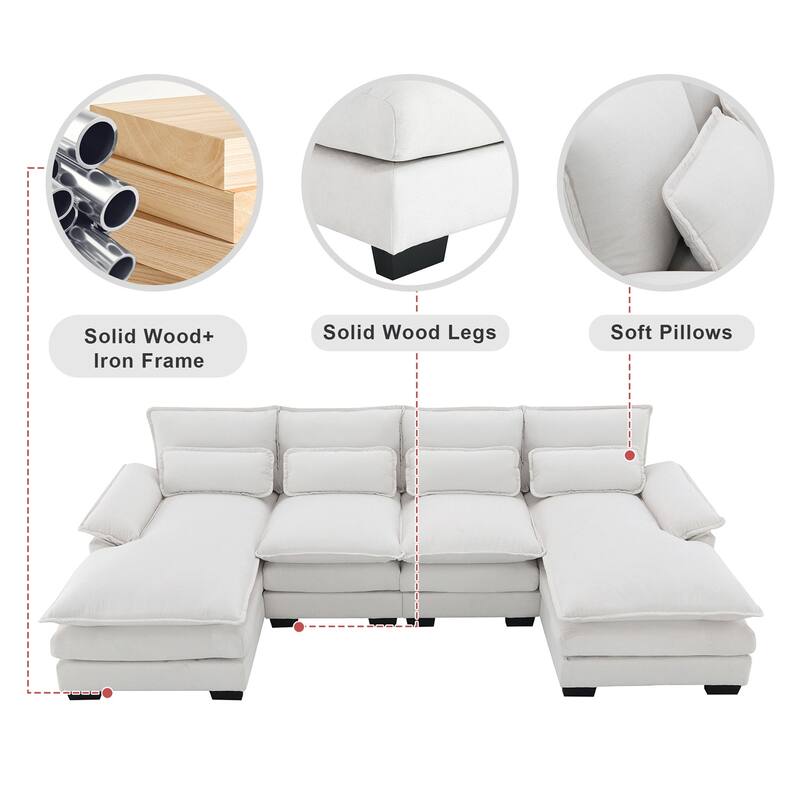 Modern U-Shaped Upholstered Sectional Sofa, Sleeper Couch with Waist Pillows