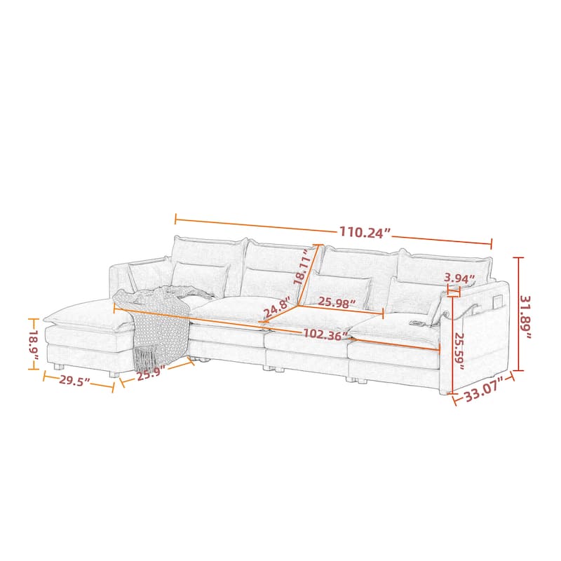 Modular Sectional Sofa L Shaped Couch, 3/4 Seat Sofa Set with Ottoman, Chenille Fabric