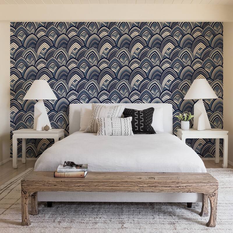 A-Street Prints Cabarita Indigo Art Deco Flocked Leaves Wallpaper