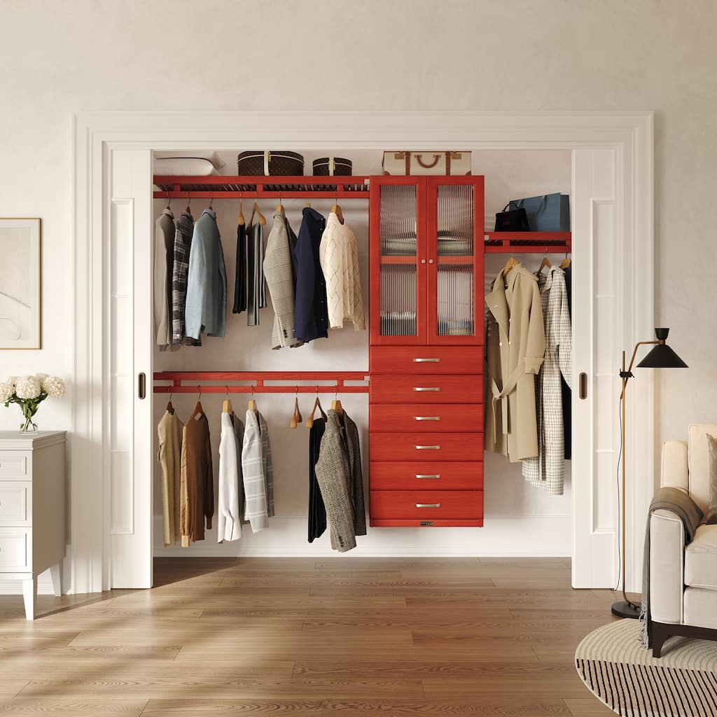 John Louis Home Solid Wood Reach-In Simplicity Closet System with 6-Drawers and Doors Red Mahogany