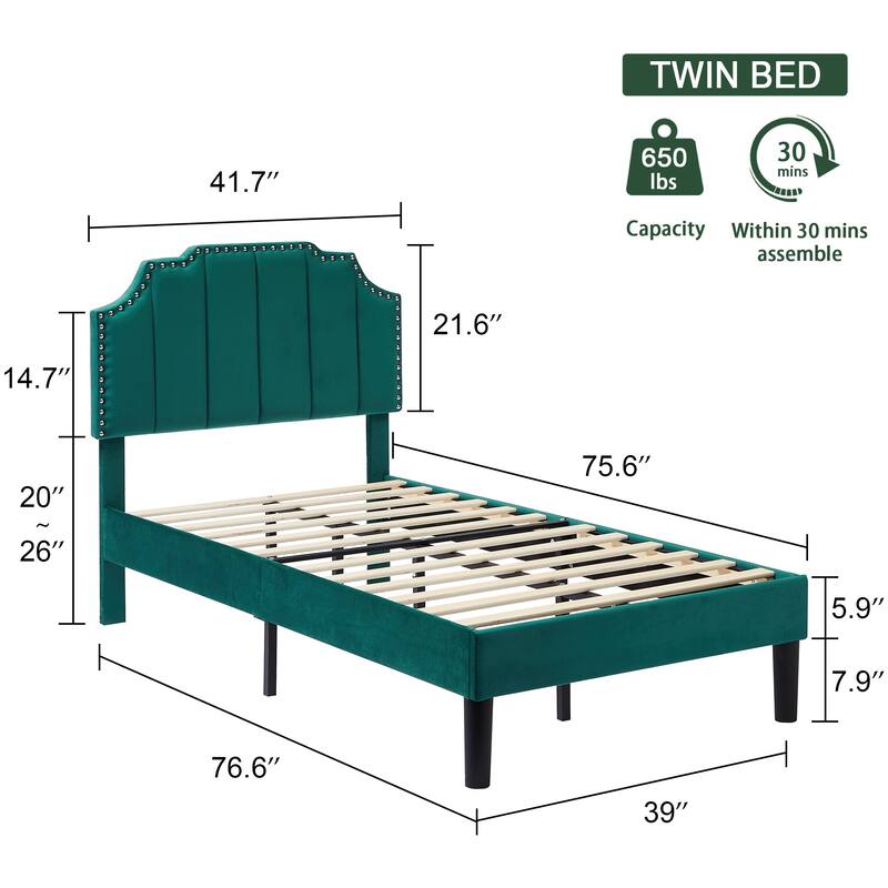 VECELO Double Twin Bed Set 41"-47" Adjustable Height Platform Bed with Nailhead Trim 7.8" Underbed Storage No Box Spring Needed