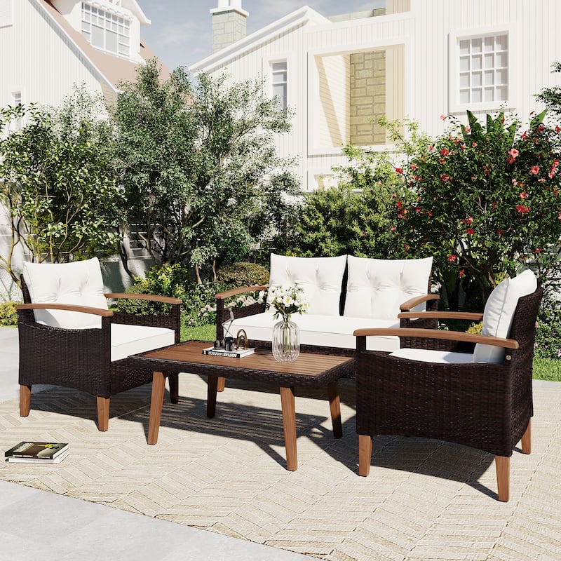 4-Piece Garden Furniture, Patio Seating Set, PE Rattan Outdoor Sofa Set, Wood Table and Legs, Brown and Beige