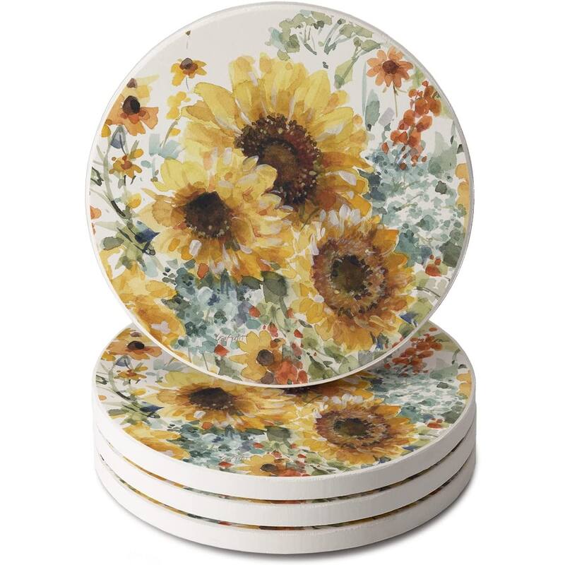 CounterArt Sunflowers Forever Absorbent Stone Tumbled Tile Coaster Set of 4 Made in The USA Protective Cork Backing - Multi