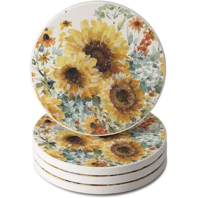 CounterArt Sunflowers Forever Absorbent Stone Tumbled Tile Coaster Set of 4 Made in The USA Protective Cork Backing