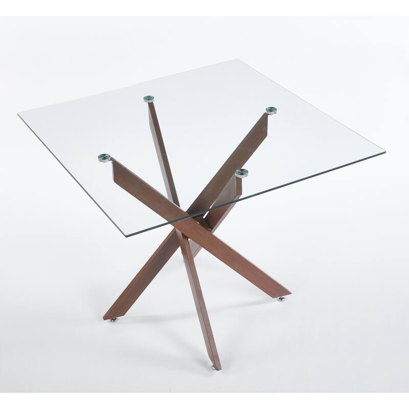 Dining Table With Cross Metal Leg And Tempered Glass,Kitchen Table For Living Room,Walnut Color Legssquare Table