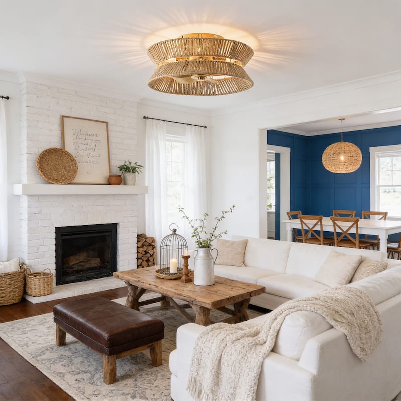 18-inch Boho Distressed Gold Chandelier Ceiling Fan with Remote and Hand Hemp Rope Shade - 17.7" W x 8.19" H