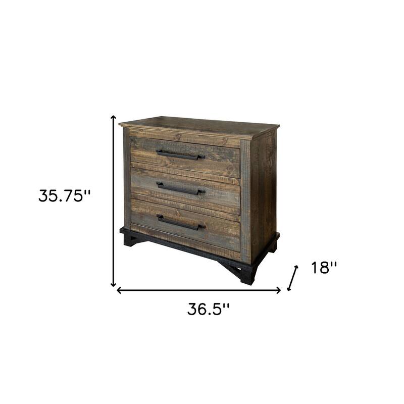 HomeRoots 37" Brown and Gray Solid Wood Three Drawer Chest