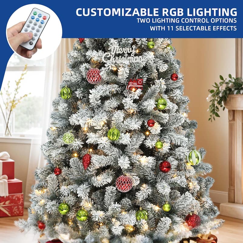 6 /7.5 /9 ft Prelit Snow Flocked Christmas Tree with Remote, 11 Light Modes & Foldable Base