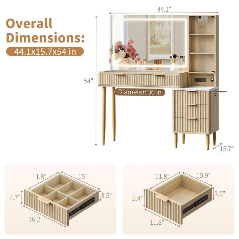 Modern Glass Top Dressing Table with 5 Drawers， LED Mirror