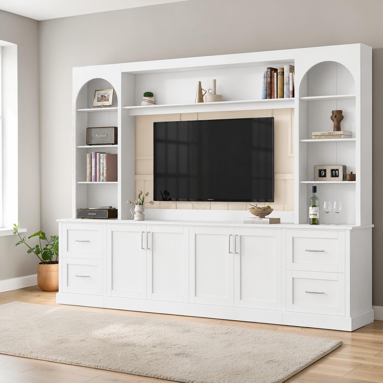 103" Farmhouse Entertainment Center for TVs up to 65", TV Wall Unit with Drawers & Shelves