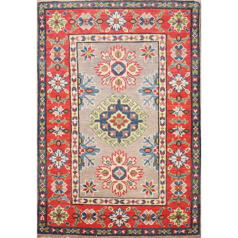 Hand Knotted Oriental 100% Wool Carpet Traditional Geometric Greys & Charcoal Kazak Area Rug - 3' 0'' X 2' 0''