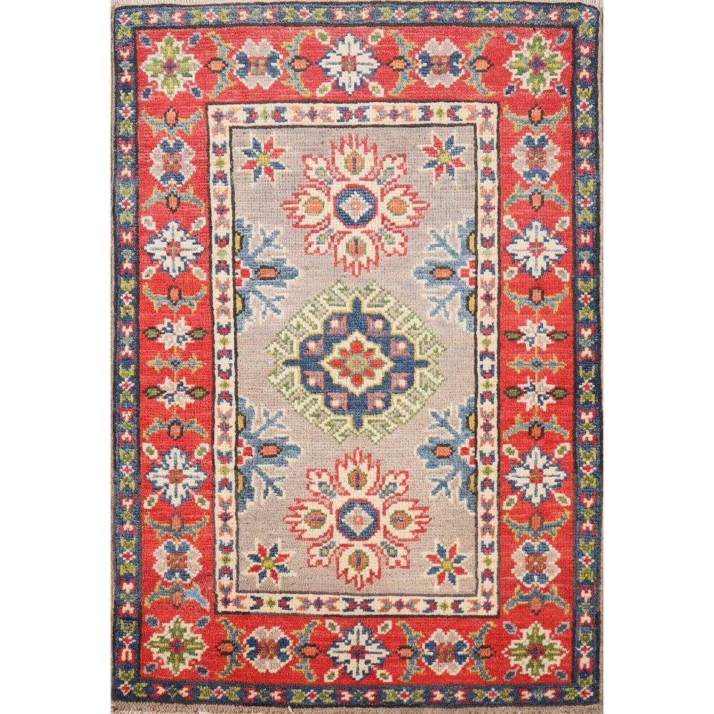 Hand Knotted Oriental 100% Wool Carpet Traditional Geometric Greys & Charcoal Kazak Area Rug - 3' 0'' X 2' 0''