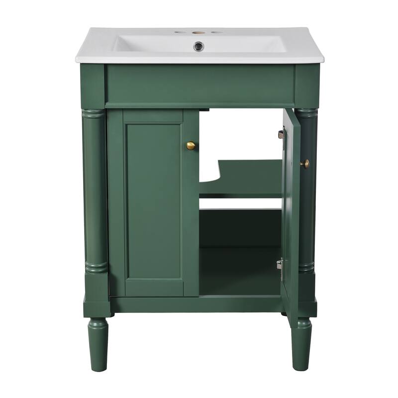 24 Inch Bathroom Vanity with Ceramic Top Sink, Freestanding Single Sink Vanity with Storage Shelves, Modern Style