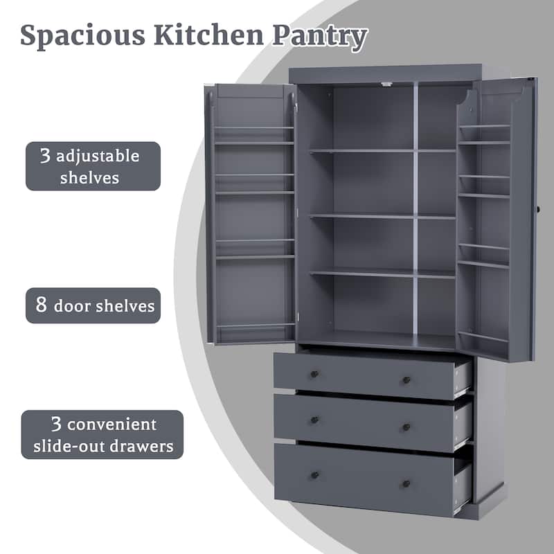 77" Tall Kitchen Pantry Cabinet with 3 Drawers, Adjustable Shelves, and 8 Door Racks, Farmhouse Storage Cupboard