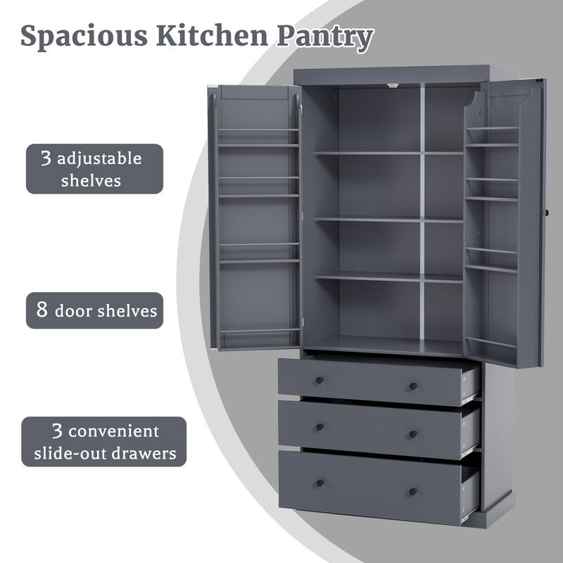 77" Farmhouse Pantry Cabinet - Tall Freestanding Storage with 3 Drawers & 11 Adjustable Shelves (8 Door + 3 Main) for Kitchen