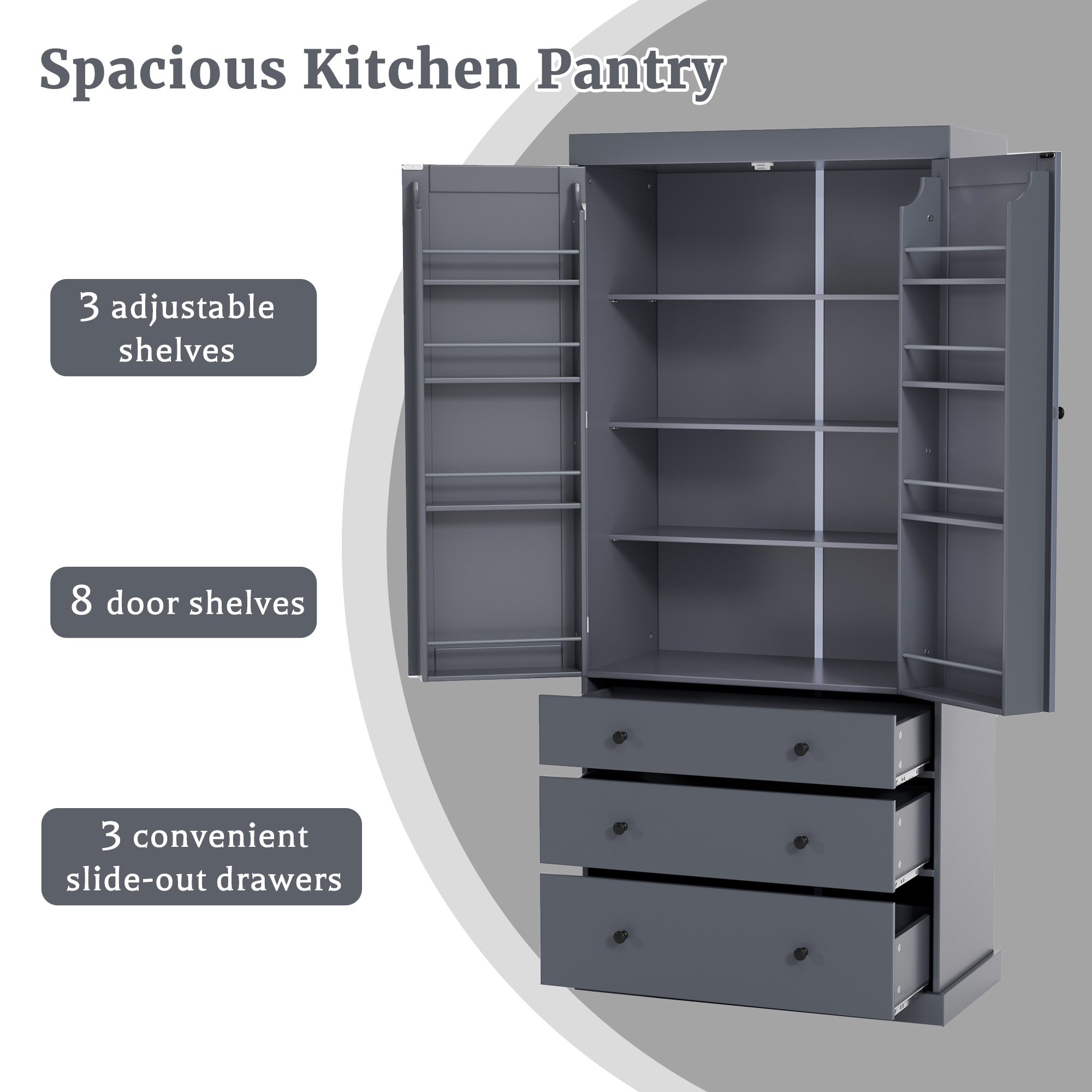 Kitchen Pantry, Freestanding Tall Cupboard Storage Cabinet With 3 Adjustable Shelves, 8 Door Shelves, 3 Drawers