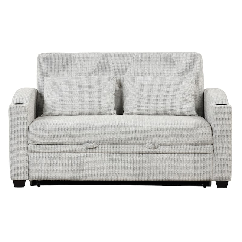 Chenille Convertible Loveseat Sofa Bed with Adjustable Backrest, USB Ports, and Cup Holders