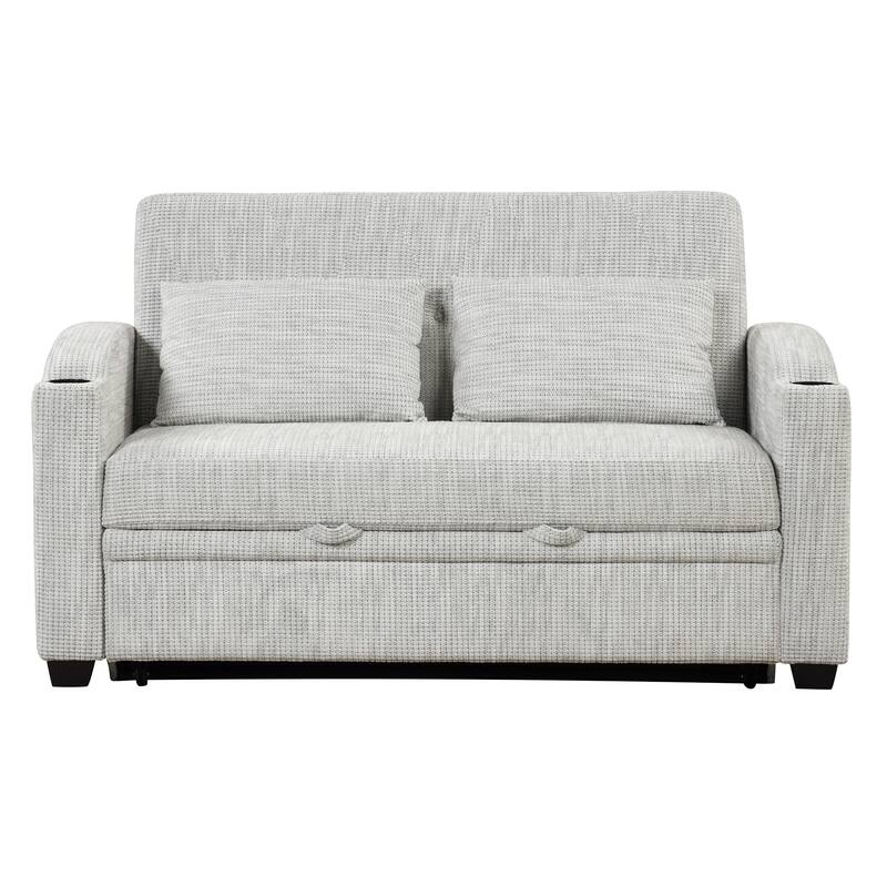 Pull Out Sofa Bed Modern Chenille Convertible Loveseat Sofa With Adjsutable Backrest, 2 Pillows, Cup Holders, Usb Ports