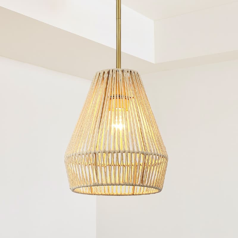 1-Light Rattan Single Pendant Light with Brass Canopy - 9.5'' W