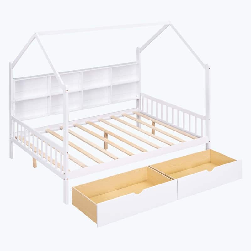 Comfortable Wooden House Bed with 2 Drawers,Kids Bed with Storage Shelf