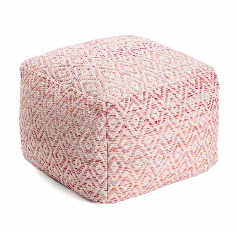 Jani Rhombus 22-inch Brown Square Pouf Ottoman - Handmade Footrest for Living Room, Bedroom, Nursery, Kidsroom - Pink