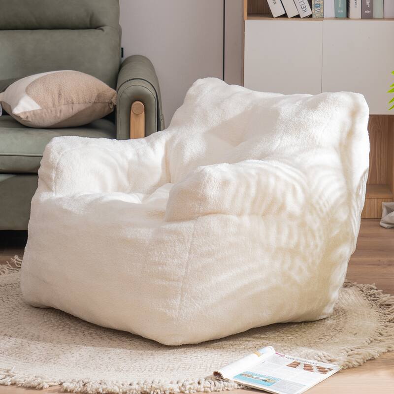 Ivory Teddy 39.37" Upholstered Bean Bag Chair with Memory Foam for Living Room - Ivory Teddy