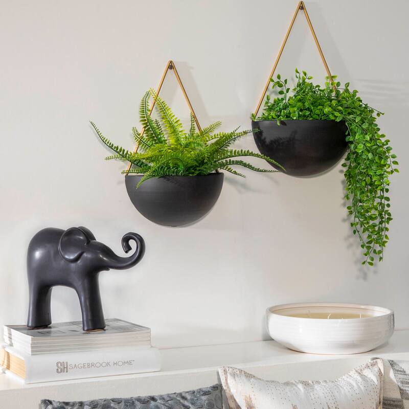 Sagebrook Home Modern Metal Half Moon Wall Planters Set of 2, Drainage Holes, Black and Gold, 12 L x 6 W x 18 H - 12" x 6" x 18" - Black