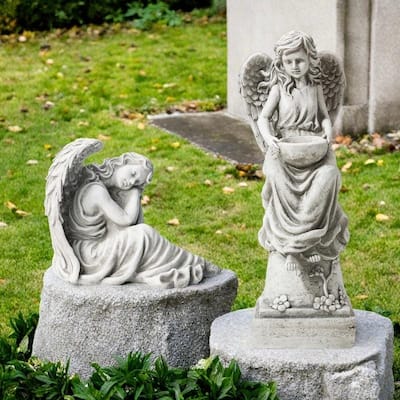 Glitzhome MGO Angel Garden Statue with a Birdbath Sleeping Angel Sculpture