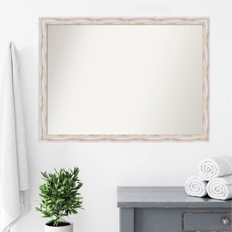 Non-Beveled Wood Bathroom Wall Mirror - Alexandria White Wash Narrow Frame - Alexandria White Wash Narrow