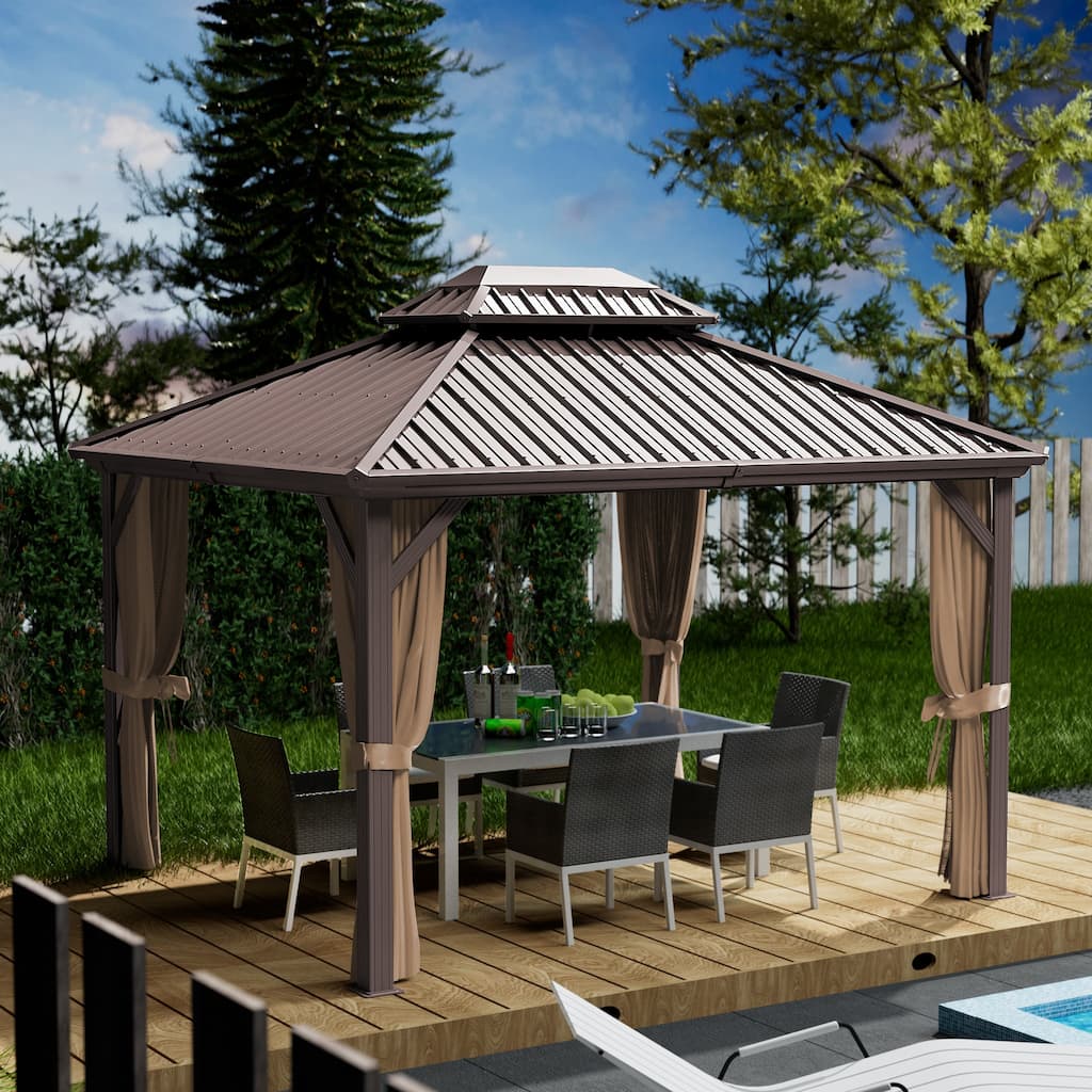 Kozyard Caesar 10'x12' Hardtop Aluminum Permanent Gazebo with a Mosquito Net Sidewall and Privacy Wall