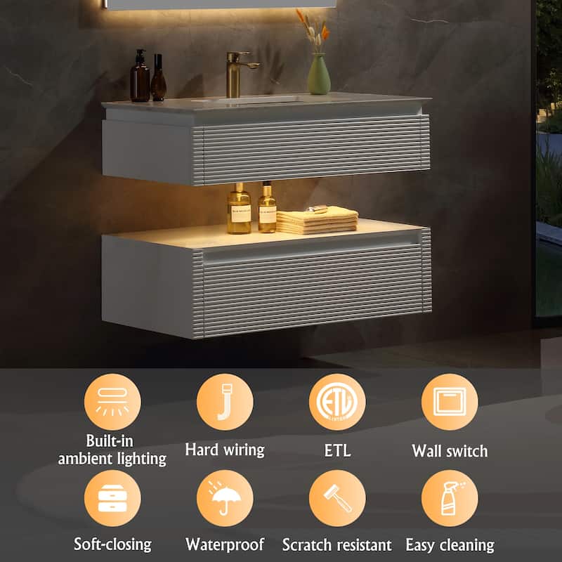 Modland 36/48 Inch LED Floating Vanity with Marble Top & Soft-Close Drawer - Green/White, Wall Drain Ready