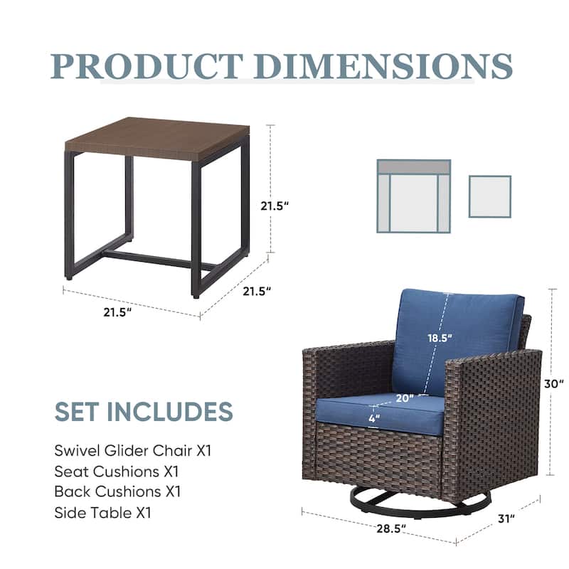 Patio Swivel Glider Chair Table Set of 3 - Brown