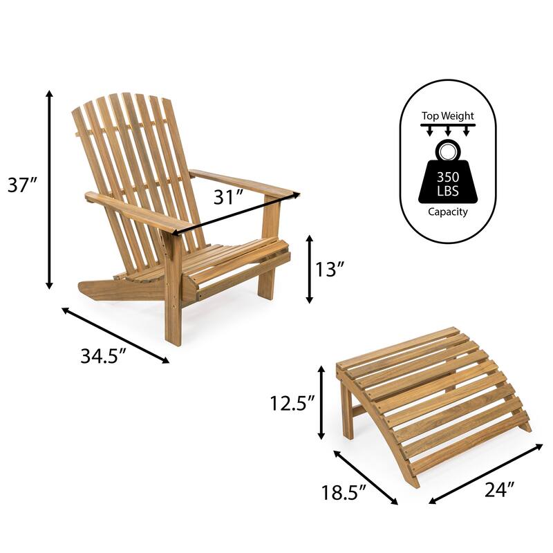 Shoreham 2-Piece Traditional Rustic Acacia Wood Adirondack Chair with Detachable Ottoman, by JONATHAN Y