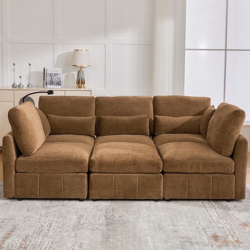 Modular Sectional Sofa with Movable Ottoman Convertible L-Shape or U-Shape Sofa Bed Built-in USB Charging Ports and Phone Holder
