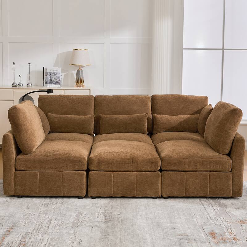U Shaped Modular Sectional Sofa with Movable Ottoman, Chenille Upholstered 5-Seater Sofa with 2 USB Ports & Phone Holder